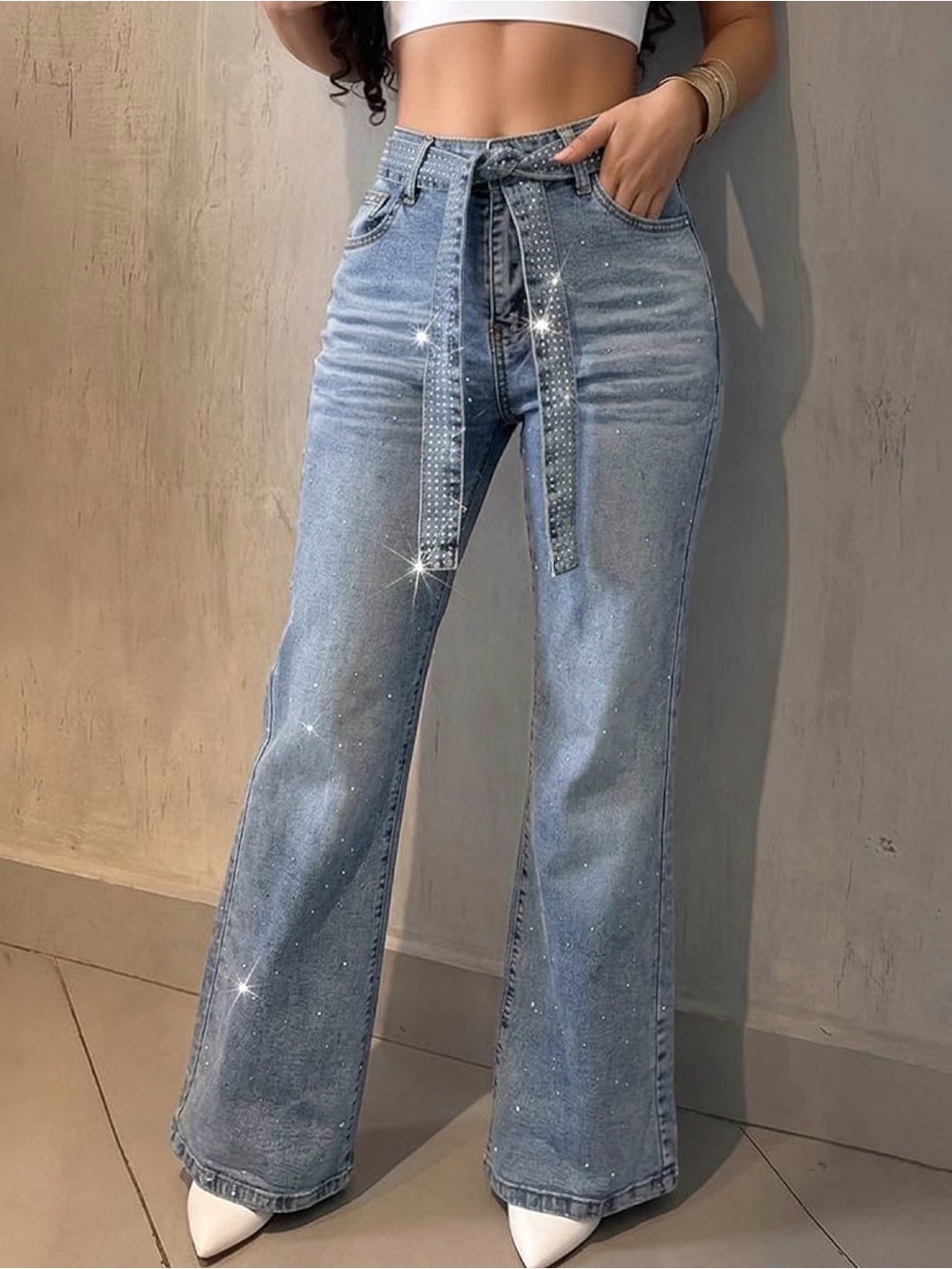 Light Blue Rhinestone embellish high waisted Wide-Leg Jeans with Decorative Belt